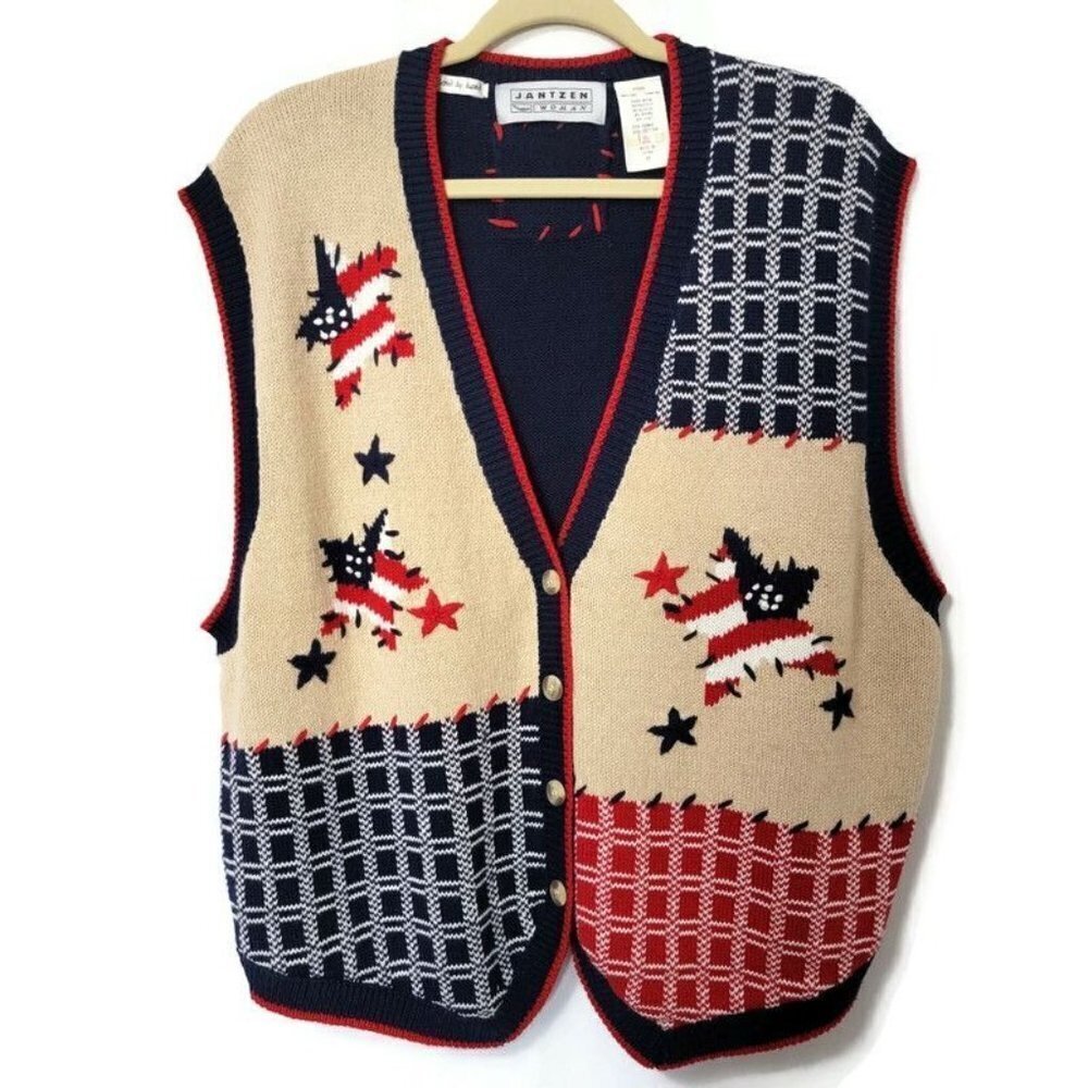 Jantzen Woman Fourth Of July Red White Blue Cotton Embroidered By Hand Vest 2X